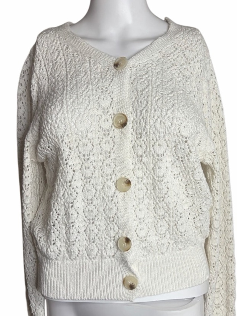 TF Classic White Open-Knit Button Cardigan Sweater Medium